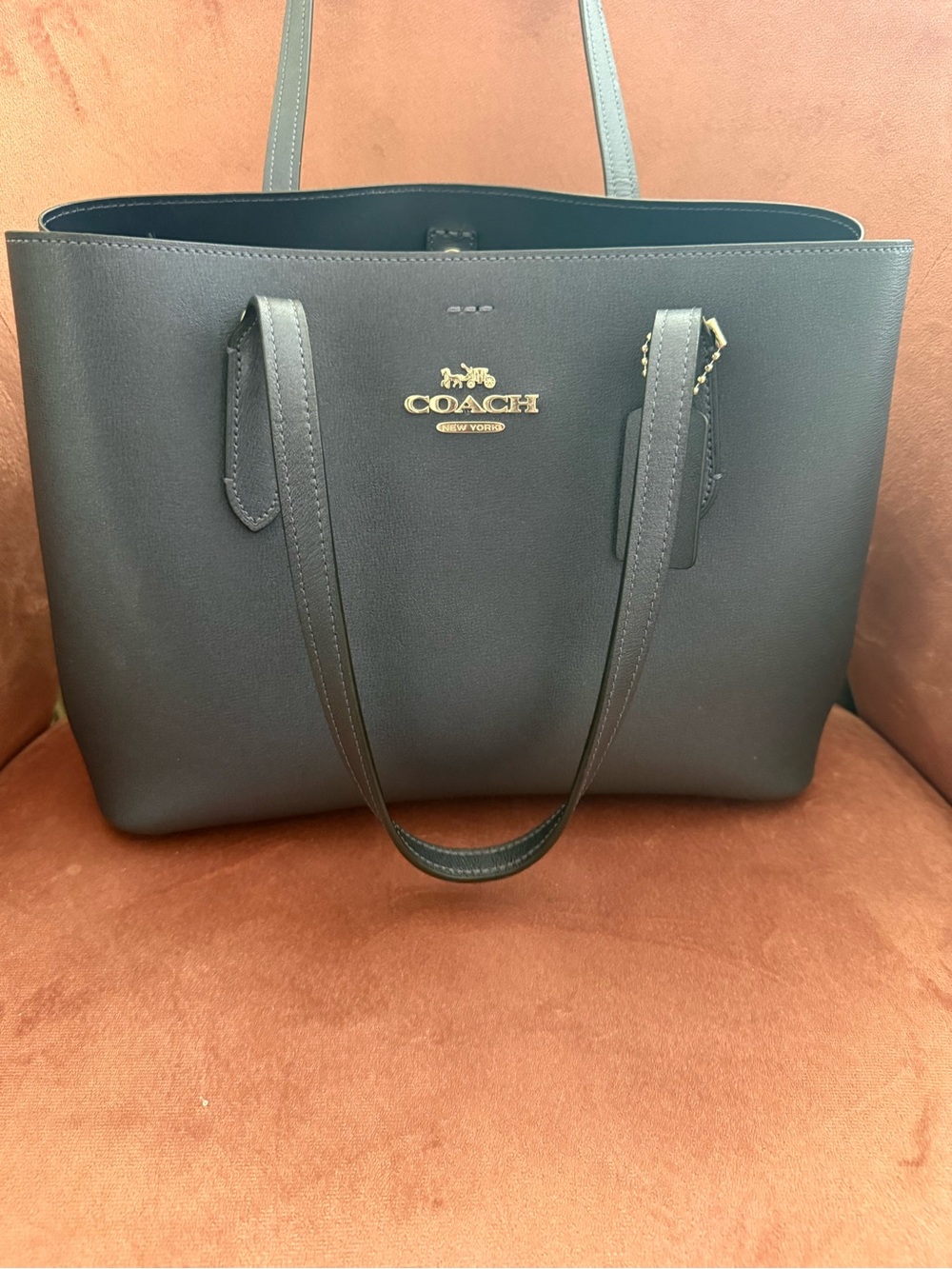 Coach Avenue Metallic Navy Leather Tote with Gold Logo